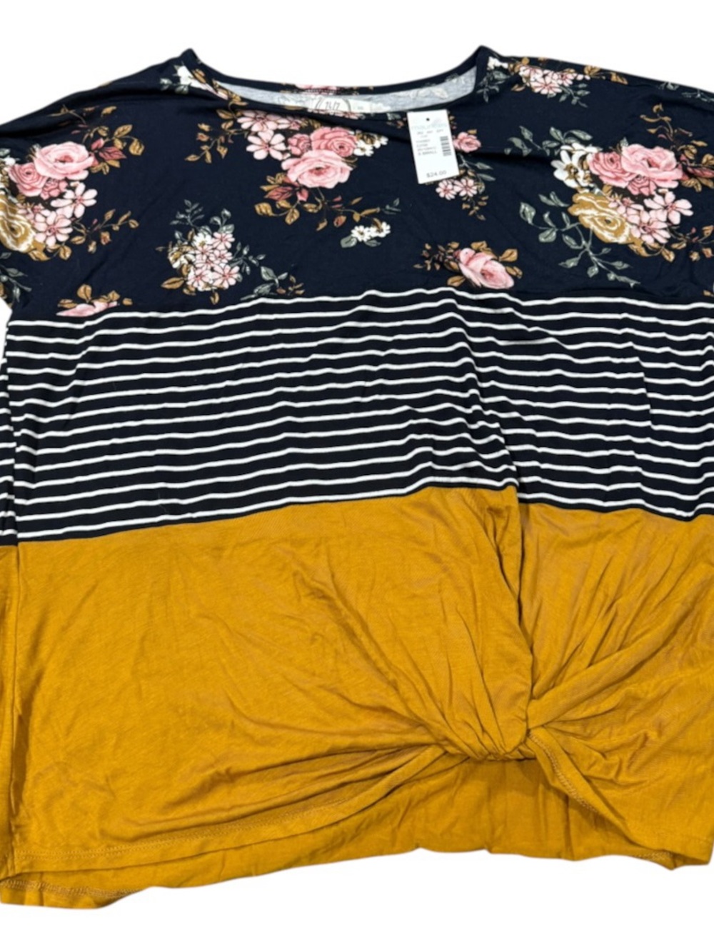 Maurices Floral, Black & Mustard Colorblock Knot-Front Short Sleeve Top READ